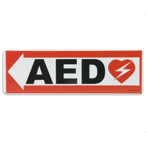 AED wall sign with an arrow pointing left