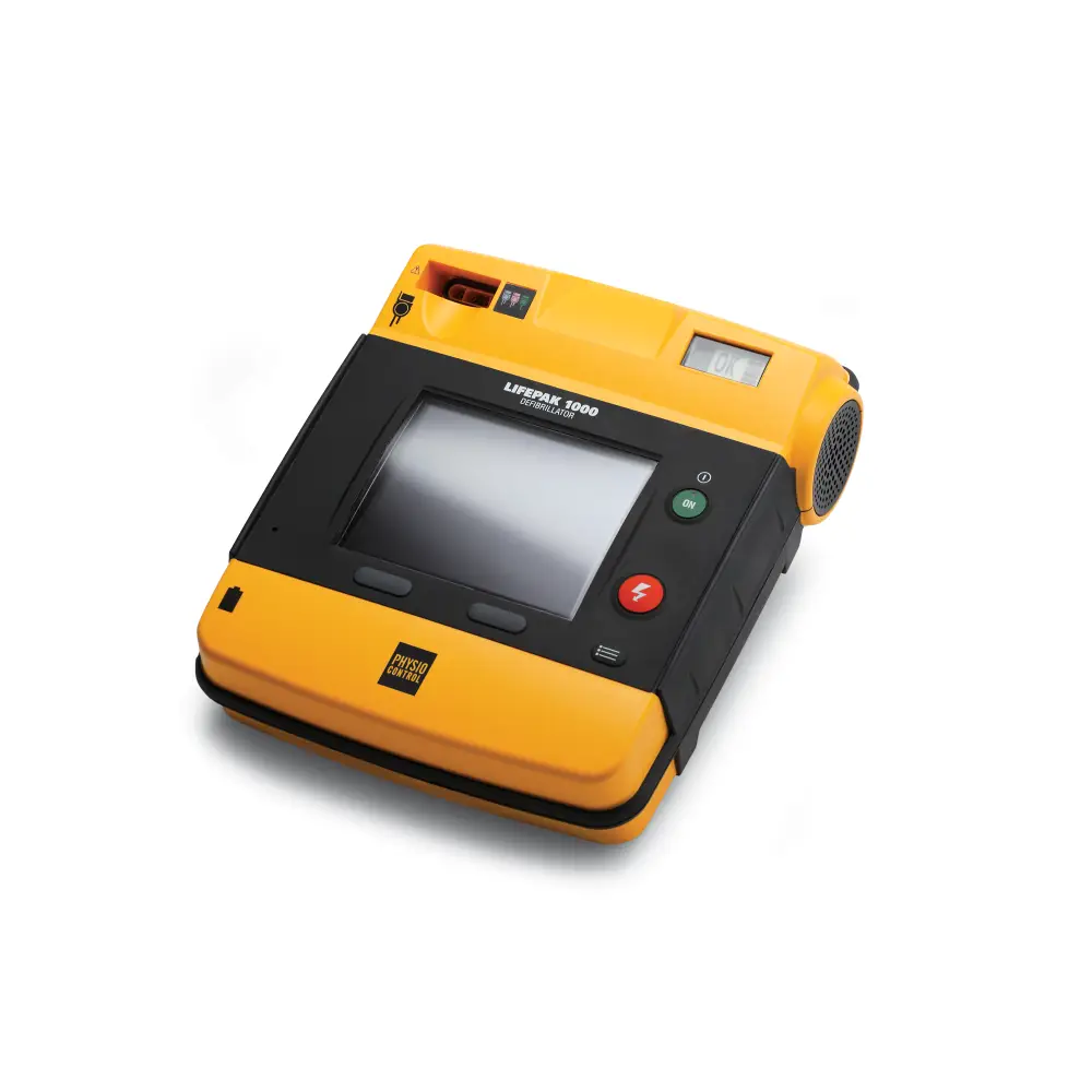 A side view of a Lifepak 1000 AED
