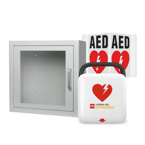 Package deal that includes a Physio Control AED, Sign and Wall Cabinet
