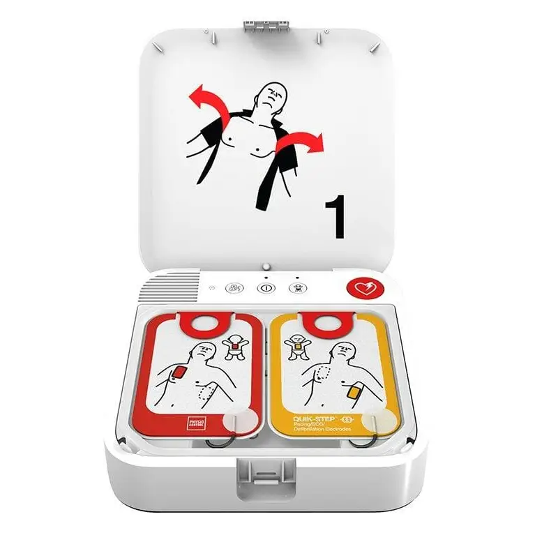 LifePak CR2 AED Open displaying instructions and pads