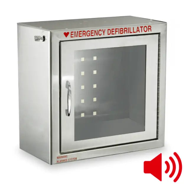 AED Lockbox with a glass window and alarm that reads "Emergency Defibrillator"