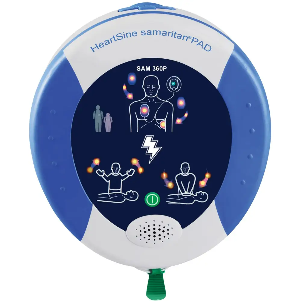 A close up of a HeartSine Samaritan AED that shows visual demonstrations on the front with lights and a speaker