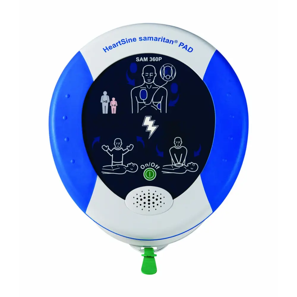 A HeartSine Samaritan AED that shows visual demonstrations on the front with lights off