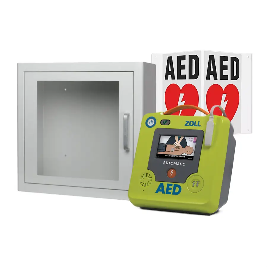 Package deal that includes a Zoll AED 3, Sign and Wall Cabinet
