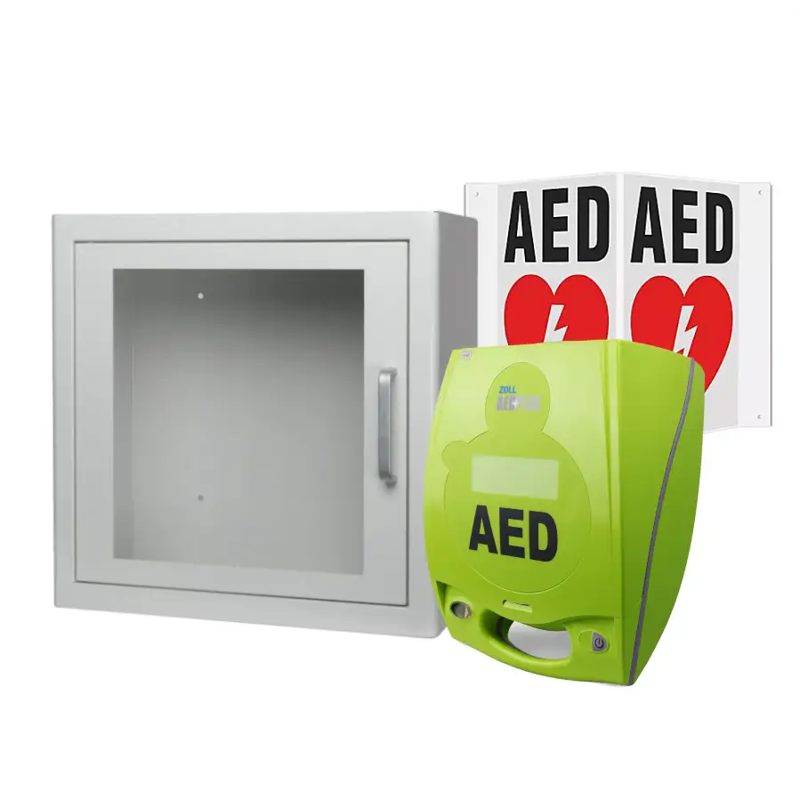Package deal that includes a Zoll AED Plus, Sign and Wall Cabinet