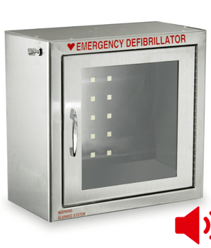 AED Lockbox with a glass window and alarm that reads "Emergency Defibrillator"