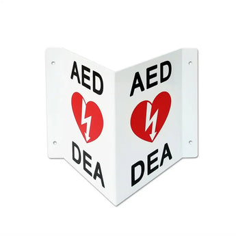 4-sided aed sign with red heart and lightning bolt, white background.