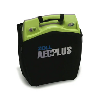 Zoll aed plus defibrillator in black and green carrying case.