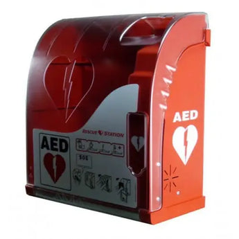 White wall-mounted AED cabinet with a clear window and red heart-lightning bolt emblem.