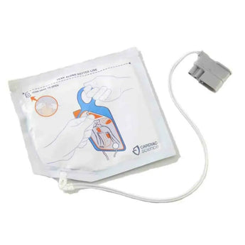 White disposable cardiac monitor sensor pad with gray connector and illustration of heart