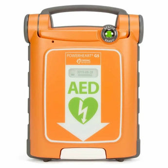 Orange and gray automatic external defibrillator with heart symbol design, labeled ’powerheart g5’’ by zoll.