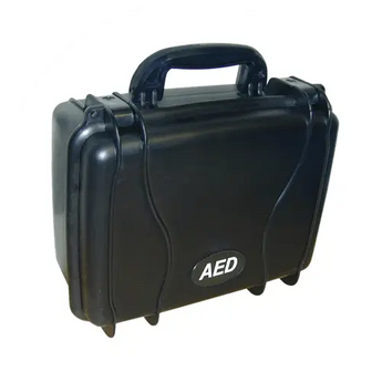 Black aed hard case with handle and logo.