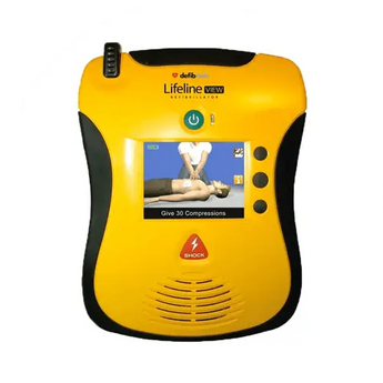 Yellow and green defibrillator with screen