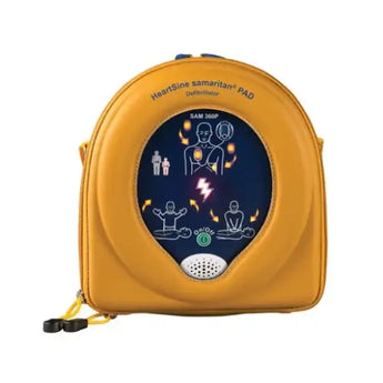 Yellow heartsine samaritan pad defibrillator with orange zipper and blue graphic design.
