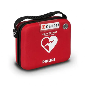 Philips heartstart defibrillator case in red and black, featuring a heart symbol with lightning bolt.