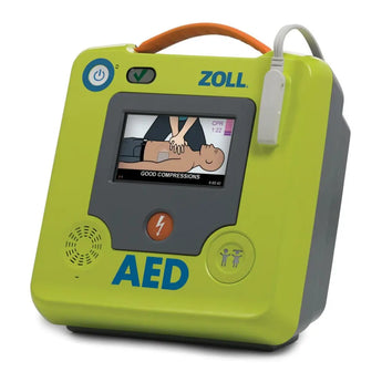 Zoll aed green and gray defibrillator with screen instructions.