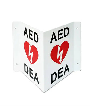 Right Angle AED Sign written in English and French