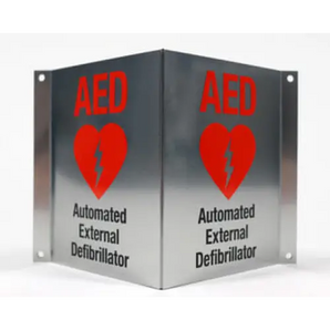 Right Angle Wall Sign that reads “AED Automated External Defibrillator” with an image of a heart with a lightning bolt in between.