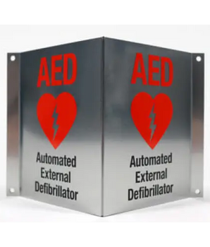 Right Angle Wall Sign that reads “AED Automated External Defibrillator” with an image of a heart with a lightning bolt in between.