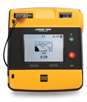 A front view of a Lifepak 1000 Automated External Defibrillator 