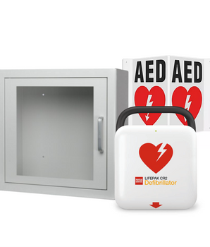 Package deal that includes a Physio Control AED, Sign and Wall Cabinet