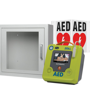 Package deal that includes a Zoll AED 3, Sign and Wall Cabinet