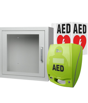 Package deal that includes a Zoll AED Plus, Sign and Wall Cabinet