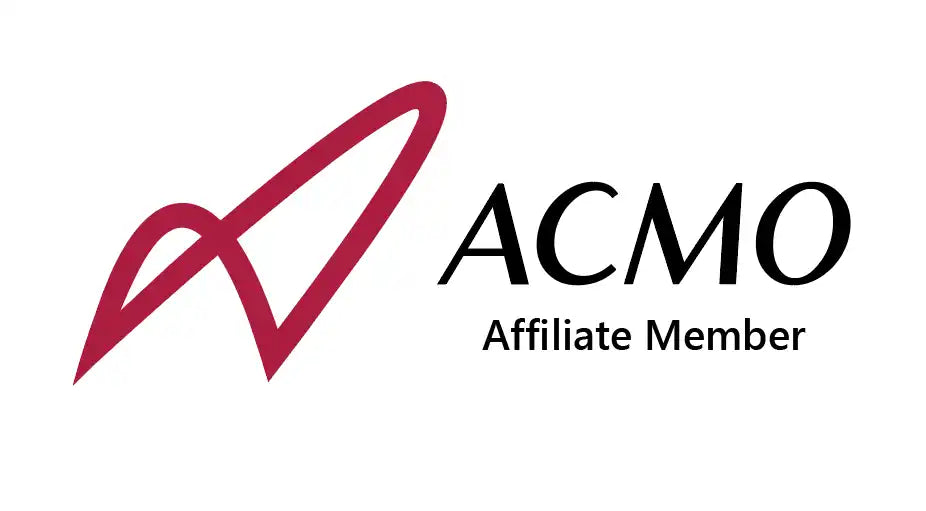 ACMO affiliate member logo featuring a stylized red checkmark design alongside black text.