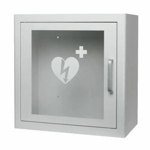 ARKY white AED lockbox with a glass window and handle
