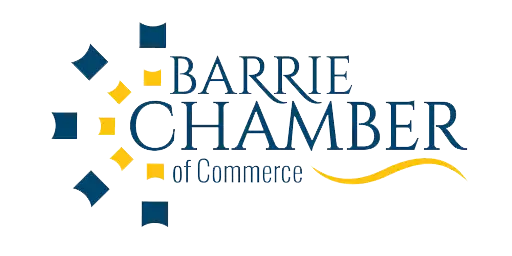 Barrie chamber of commerce logo with blue and yellow geometric shapes.