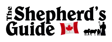 Black text logo reading ’The Shepherd’s Guide’ with a Canadian flag and silhouette of a shepherd with sheep.