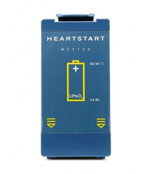 Side view of a HEARTSTART Battery including the model number and DC 9V or 4.2Ah
