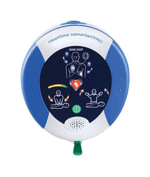 A HeartSine Samaritan AED that shows visual demonstrations on the front with lights and a speaker