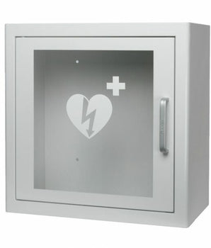 ARKY white AED lockbox with a glass window and handle