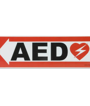 AED wall sign with an arrow pointing left