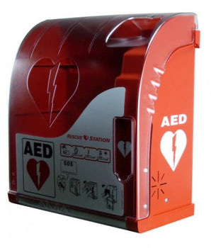 A red AED wall mount cabinet with a built in alarm